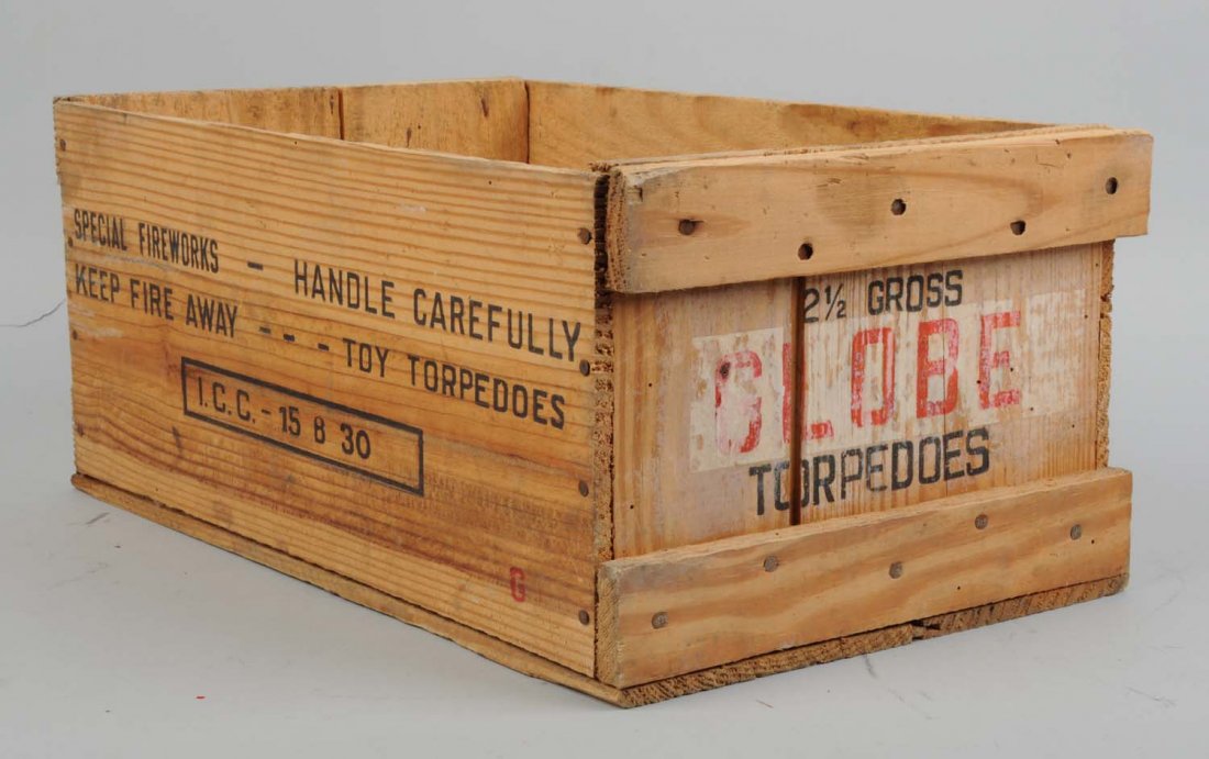 Wooden New Jersey Fireworks Crate.: This fireworks crate was for Globe Torpedoes. Condition (Very Good Plus). Size 17 - 1/2" L.