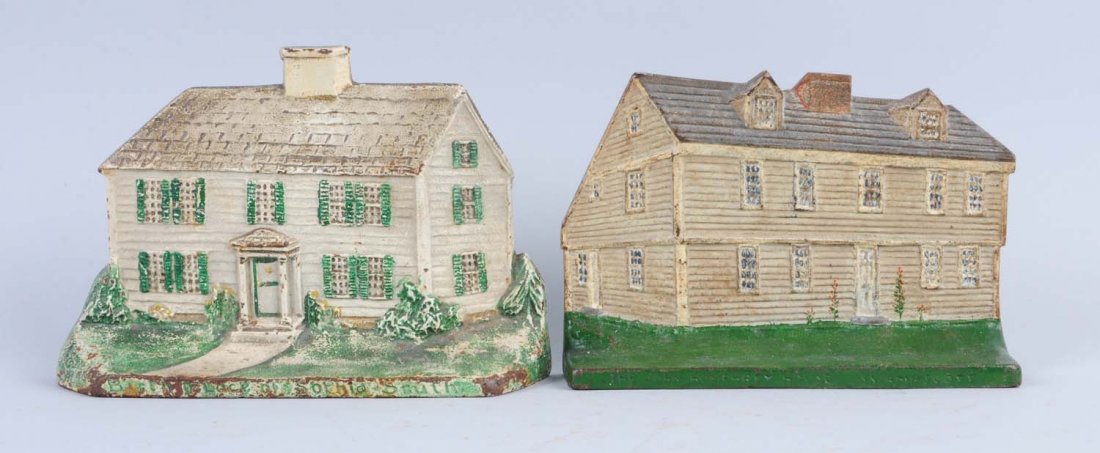 Lot of 2: Cast Iron House Doorstops.: Includes – “Birth Place of Sophia Smith”, and “Nathanael Green” homes. Condition (Good). Size Largest: 5 - 1/8" T.