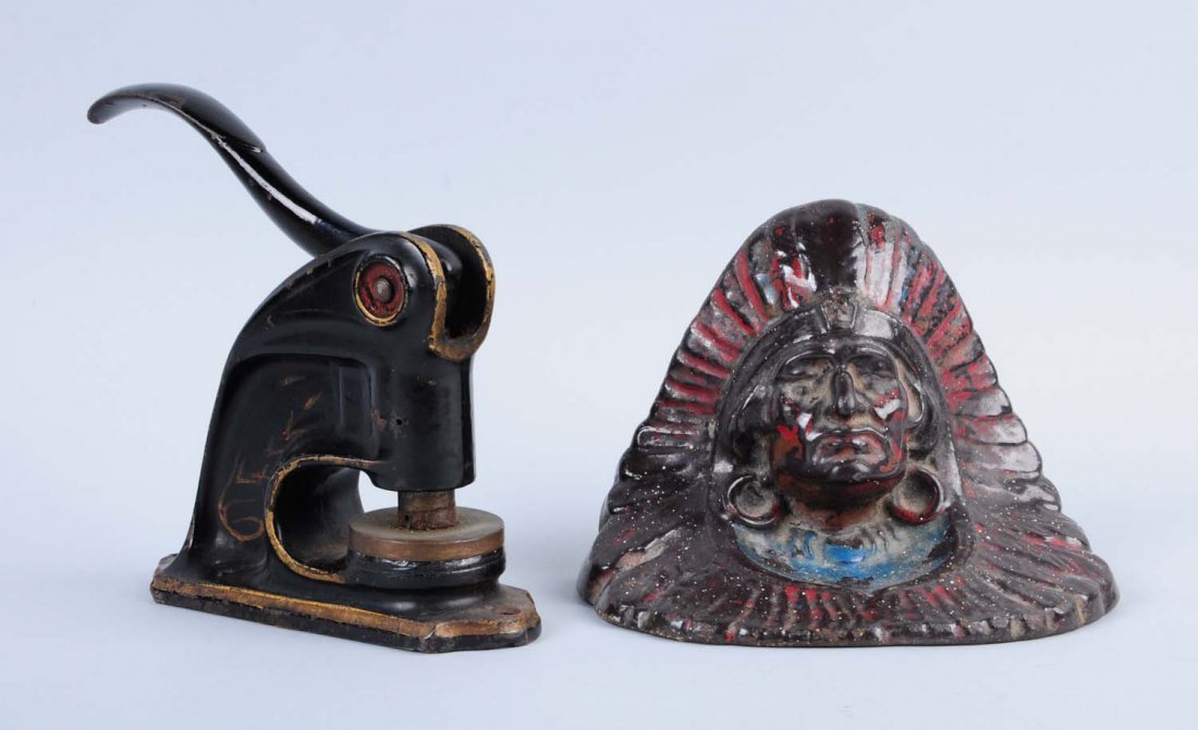 Cast Iron Club Seal Press & Indian Doorstop: Seal, “Established Dec. 3, 1933, New Bedford, Mass.”. Condition (Very Good). Size Largest: 11" T.