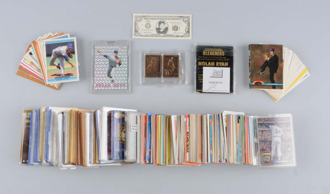 Lot Of Over 300 Nolan Ryan Baseball Cards.: Includes 1968 rookie reprint card, 1993 bleachers gold sculptured trading card, several Ryan sets, most cards are 1980's to contemporary. Also, two gold colored metals, one of Steve Carlton and one of