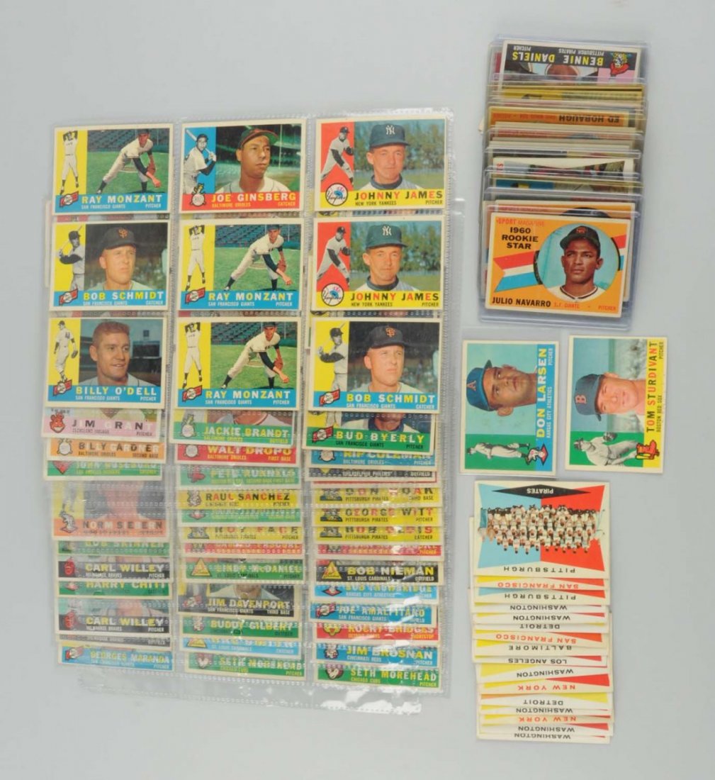 Over 100 Topps 1960 Baseball Cards.: Minor star and common players. There is card No. 353 Don Larsen, some 1960 rookie star cards, nice horizontal design, about a dozen team cards. Various conditions. Condition (Very Good - Excellent). S