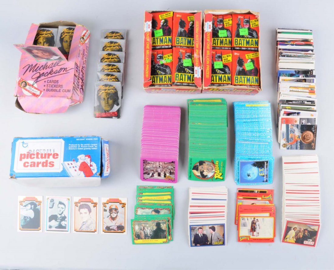 Lot Of Opened & Unopened Non Sports Trade Cards.: Includes two nearly full boxes of Donruss Batman cards second series, all sealed wax packs. A partial sealed box of Michael Jackson cards from 1984, loose cards from the tv series Mash, Dallas, E.T, R