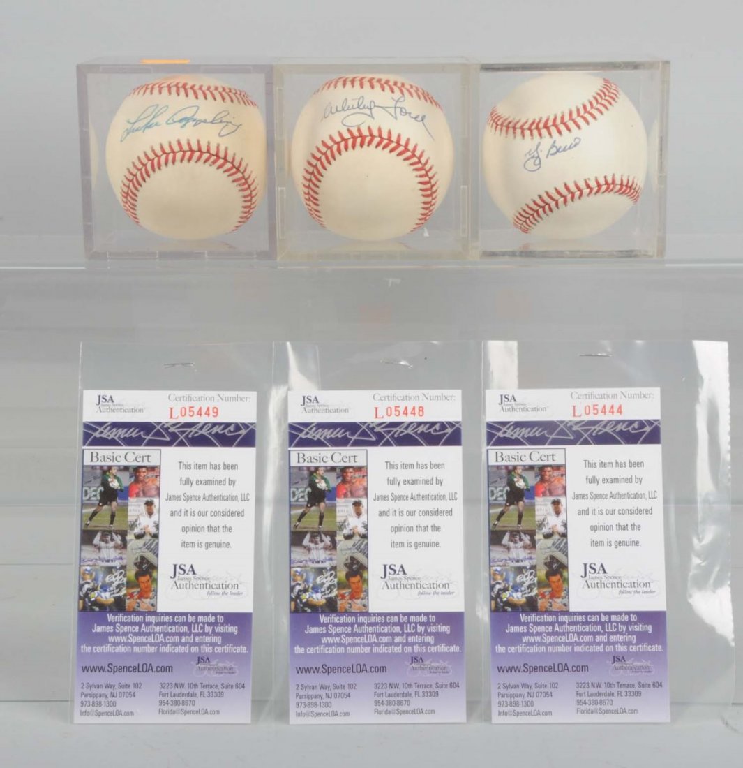 Lot Of 3: Autographed Major League Baseballs.: One is of Whitey Ford, one of Luke Appling, and one of Yogi Beara. All have JSA authentication. All are on Bobby Brown president balls. Signatures look good, Ford and Appling ball are yellowed slightl