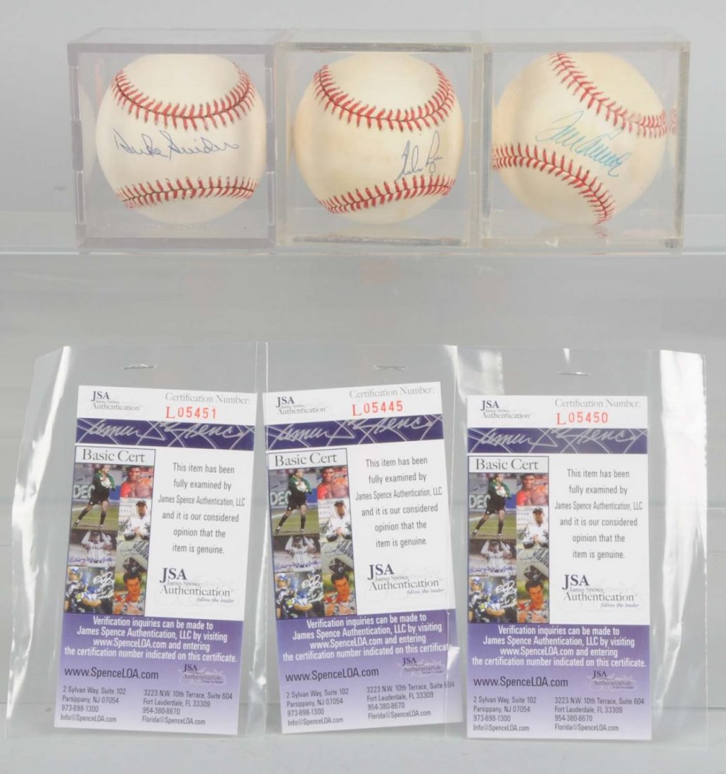 Lot Of 3: Autographed Baseballs.: All come with COA's from JSA Authentication. First one is Duke Snider, the second is Nolan Ryan, and the last one is Tom Seaver. Comes with their own plastic cases. Seaver ball has a little rubbing on
