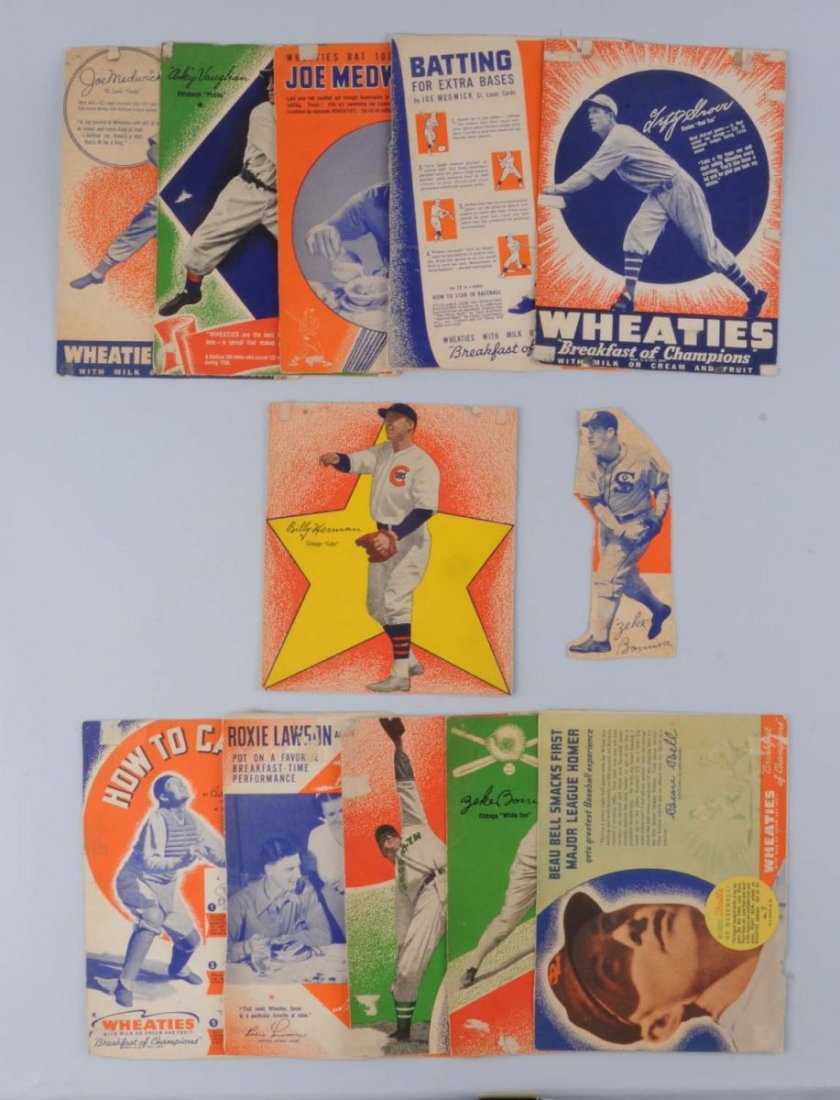 10-1930's Wheaties Baseball Player Box Cut - Outs: These are color depictions of 1930's players in uniform that were on the back of Wheaties boxes and have been cut - out. There are several of Joe Medwick, one of Lefty Grove, one of Bill Dicky of the 