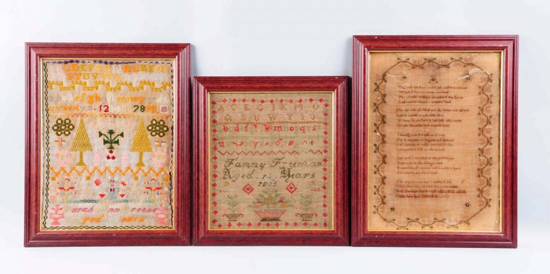 Lot of 5: 19th Century Needlework Samplers.: This lot dates from 1800. Moderate to heavy wear and staining overall. Condition (Very Good). Size Largest : 23" x 18 -1/2" .