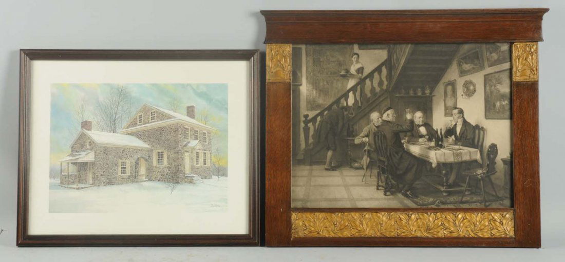 Lot of 2: Prints.: Includes Stone House by Peter Sculthorpe. Valley Forge. Framed under glass. Also includes an early print of men eating. Sculptured vintage form. Condition (Excellent). Size Largest Framed: 24 - 1/4" x