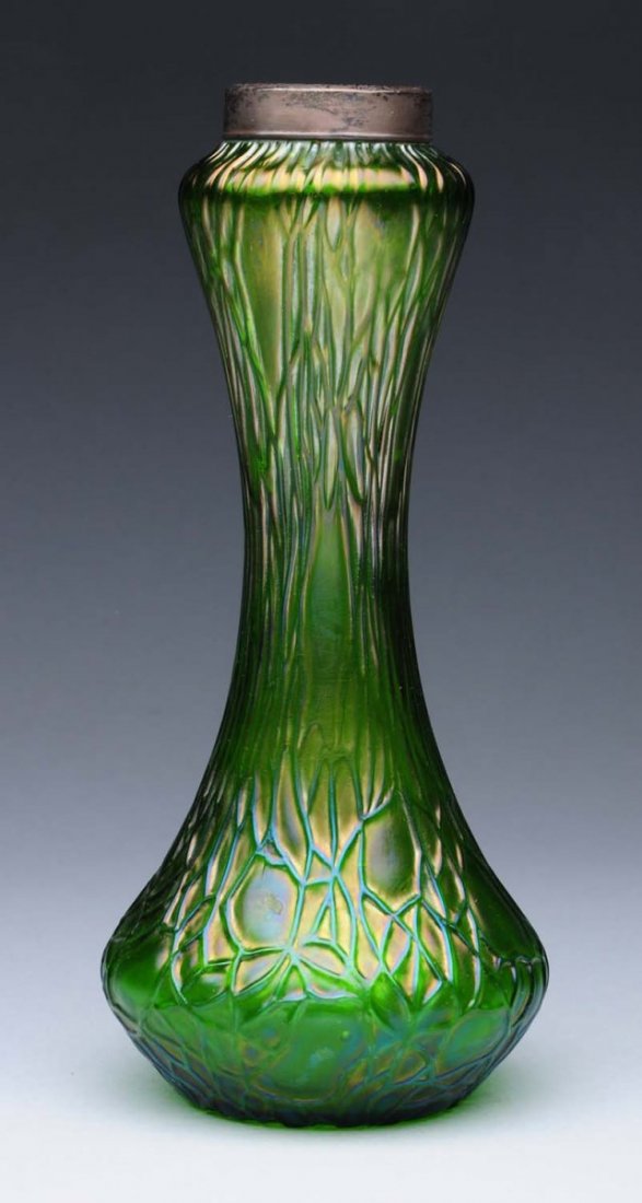 Loetz Vase with Silver Collar.: Loetz green vase with Silver collar. Hallmarks. Condition (Excellent). Size 7" x 2 - 1/2".