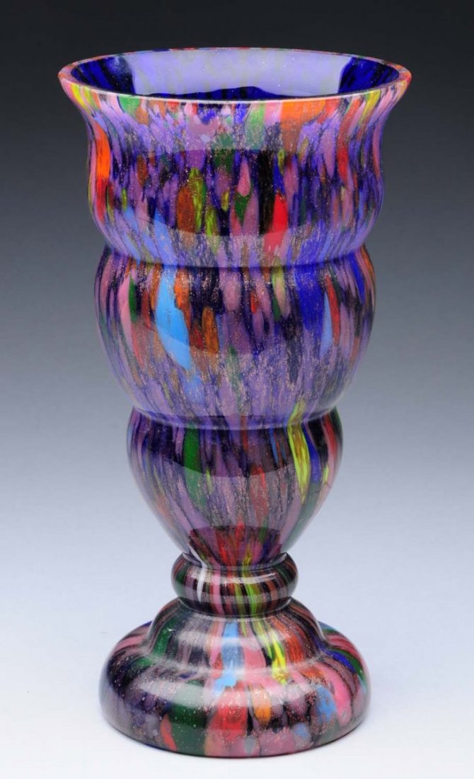 Czech Art Deco Vase.: Czech Art Deco vase in cobalt with multi colored decoration. Circa 1920's. Condition (Excellent). Size 8" x 4".