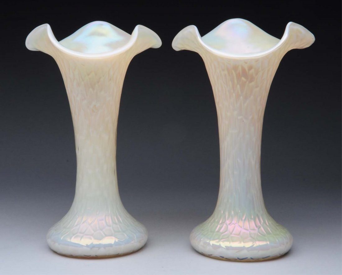 Pair of Kralik Vases.: Pair of Kralik Vases with iridescent white martele finish. Condition (Excellent). Size 9" x 5 - 3/4".