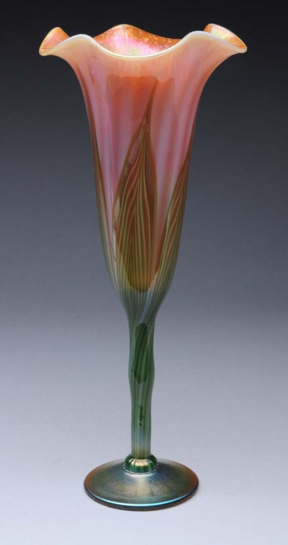 Contemporary Vase with Pulled Feather Decoration.: Contemporary Vase with green and white pulled feather decoration and gold lustre interior. Condition (Excellent). Size 12" x 5".