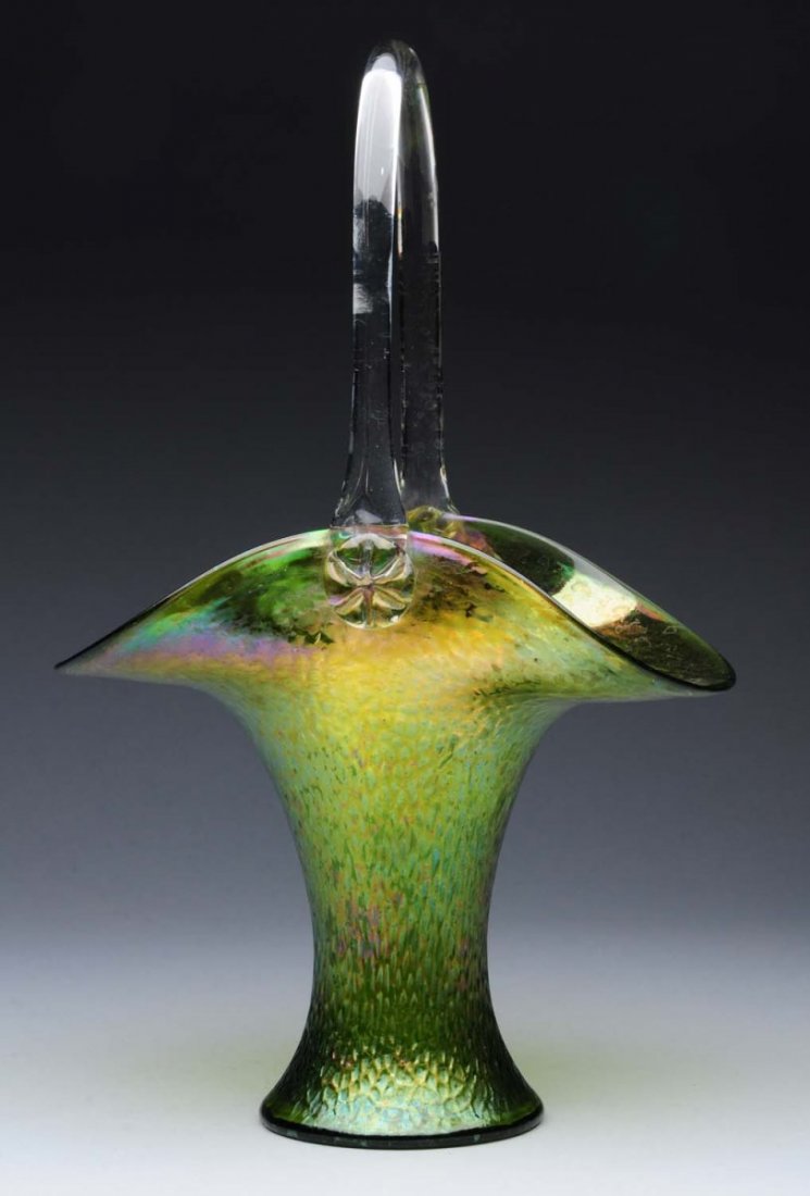 Loetz Basket.: Loetz basket in creta martele, circa 1900. Condition (Excellent). Size 12 - 1/2" x 8".