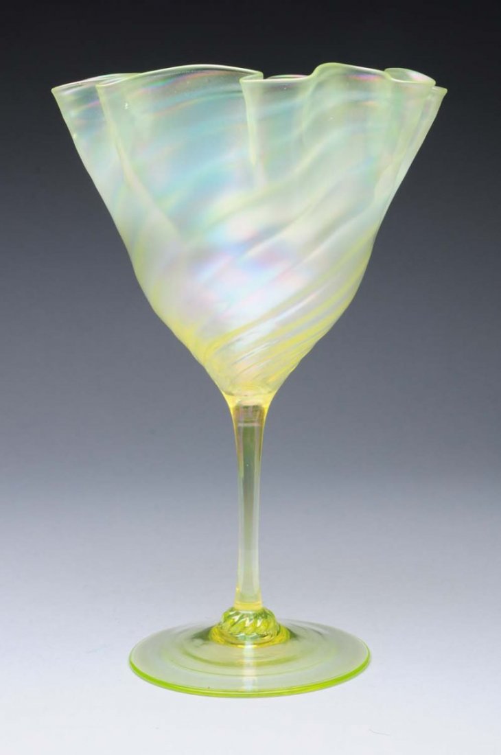 Vaseline Glass Fan Vase.: Iridescent vaseline glass fan vase by Powell. English, circa 1890's. Condition (Excellent). Size 10" x 7".