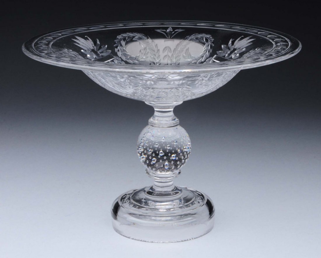 Pairpoint Cut Crystal Compote.: Pairpoint cut crystal compote with swag design and controlled bubbles. Condition (Excellent). Size 6" x 8 - 1/2".
