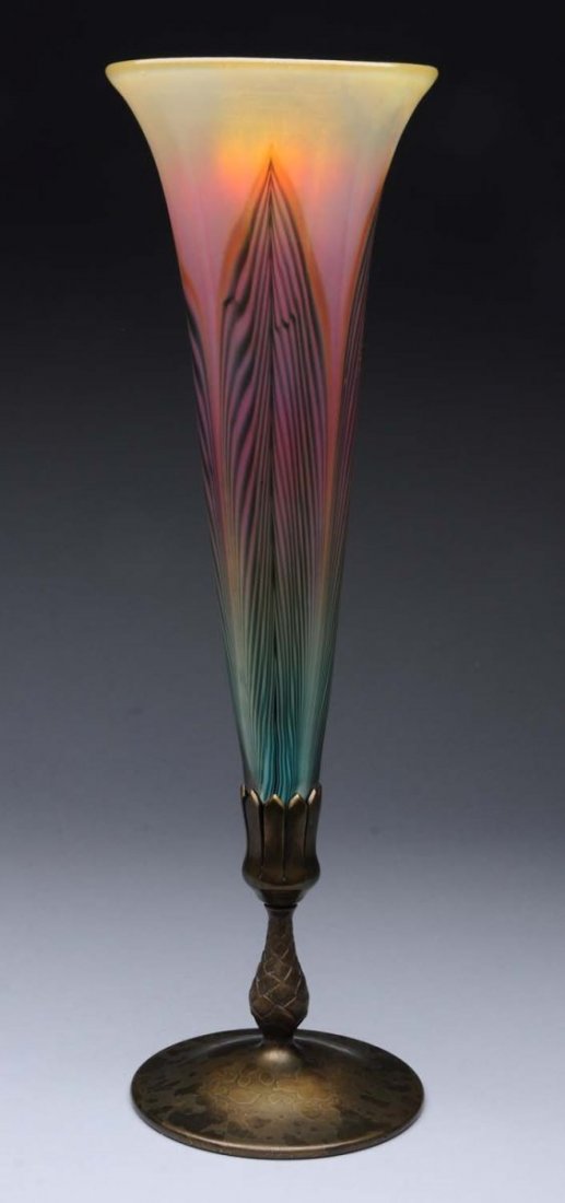 Lundberg Studios Trumpet Vase with Bronze Base.: Lundberg Studios trumpet vase with Bronze base. Green and white pulled feather décor with gold lustre interior. Condition (Excellent). Size 17" x 5 - 1/2".