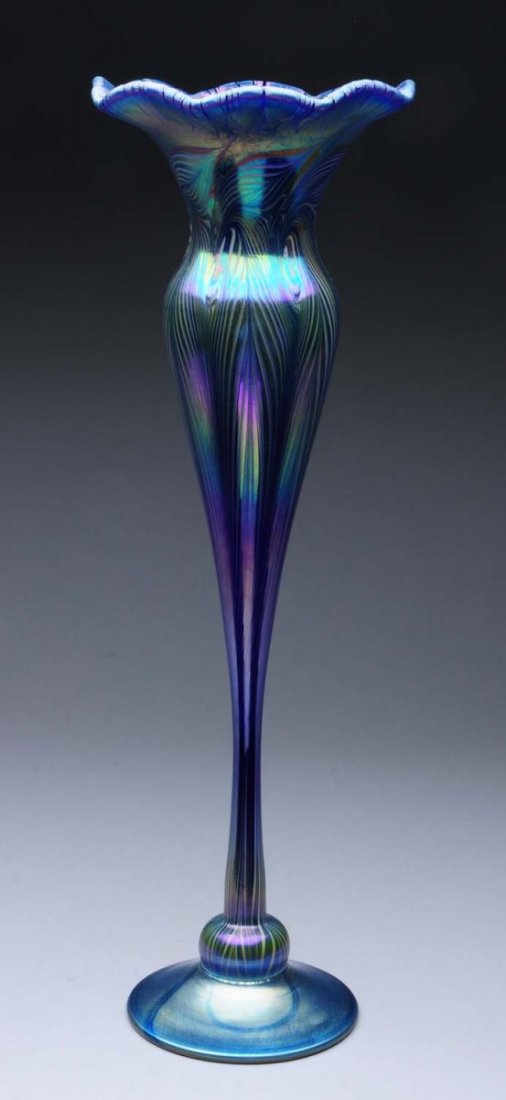 Blue Lustre Vase with Pulled Feather Decor.: Tall Blue Lustre vase with pulled feather décor and great onion skin finish to interior. Condition (Excellent). Size 17" x 6".