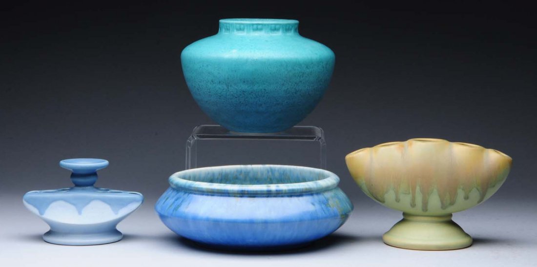 Lot of 4: Roseville Tourmaline & Carnelian I.: Blue 4" tourmaline urn shape No. A200-4, blue 7" wide tourmaline low bowl shape No. A152-7", 4-1/2" carnelian I flower frog with Roseville ink stamp, 3" blue carnelian I flower frog with Roseville ink