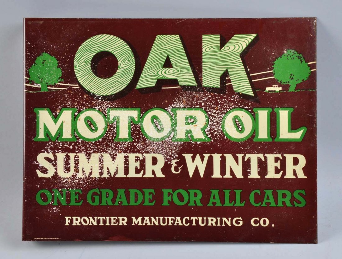 Oak Motor Oil Tim Flange Sign.: This sign has some blistering and popping to the paint. On one side it's fairly minor, but on the other it's more severe. Condition (Very Good). Size 18 - 3/8" L x 14" T.