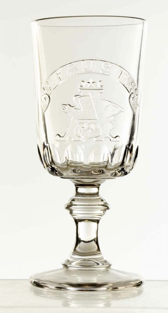 Anheuser-Busch Faust Beer Pedestal Glass.: Thick heavy glass with raised emblem and lettering. Clean glass and image. Condition (Excellent). Size 6 - 3/4" T.