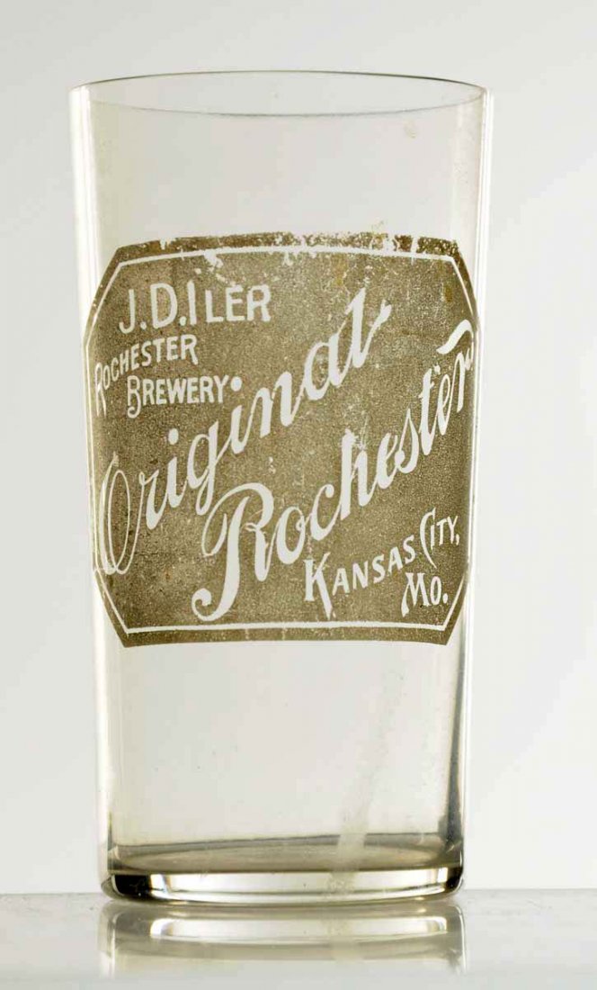 J.D. Iler Brewery Acid Etched Beer Glass.: Rochester Brewery, Kansas City, Missouri. Image has some overall wear. No chips or cracks. Condition (Very Good). Size 4" T.