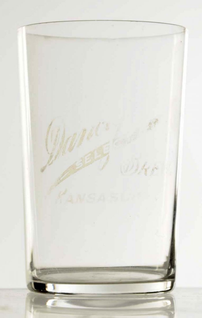 Danciger Brewing Co. Acid Etched Glass.: Kansas City, Missouri. Has wear overall, hard to make out name on right side. Flea bite chip to rim. Condition (Very Good). Size 3 - 1/2" T.