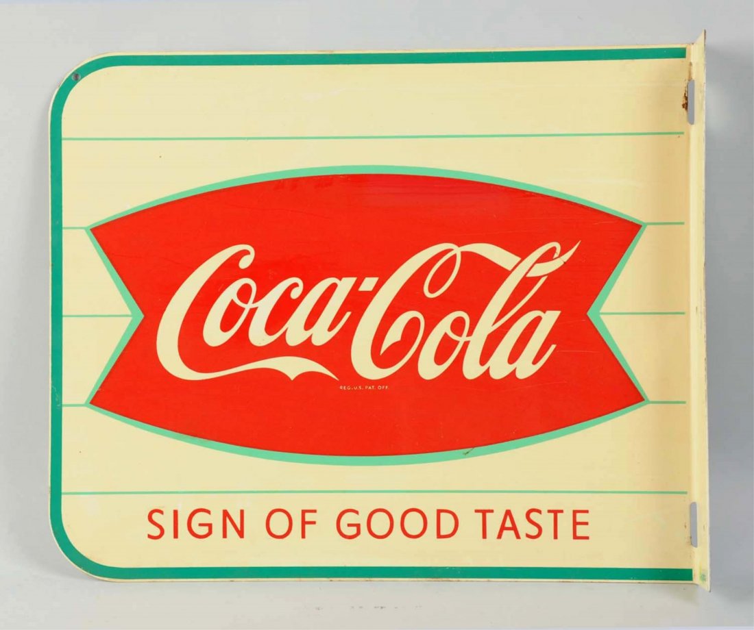 1960 Coca-Cola Tin Flange Sign.: Great color and gloss with a few scratches and a minor rub or two. Some minor white paint residue near the flange edges. Condition (Excellent). Size 18 - 1/4" L x 15" T.
