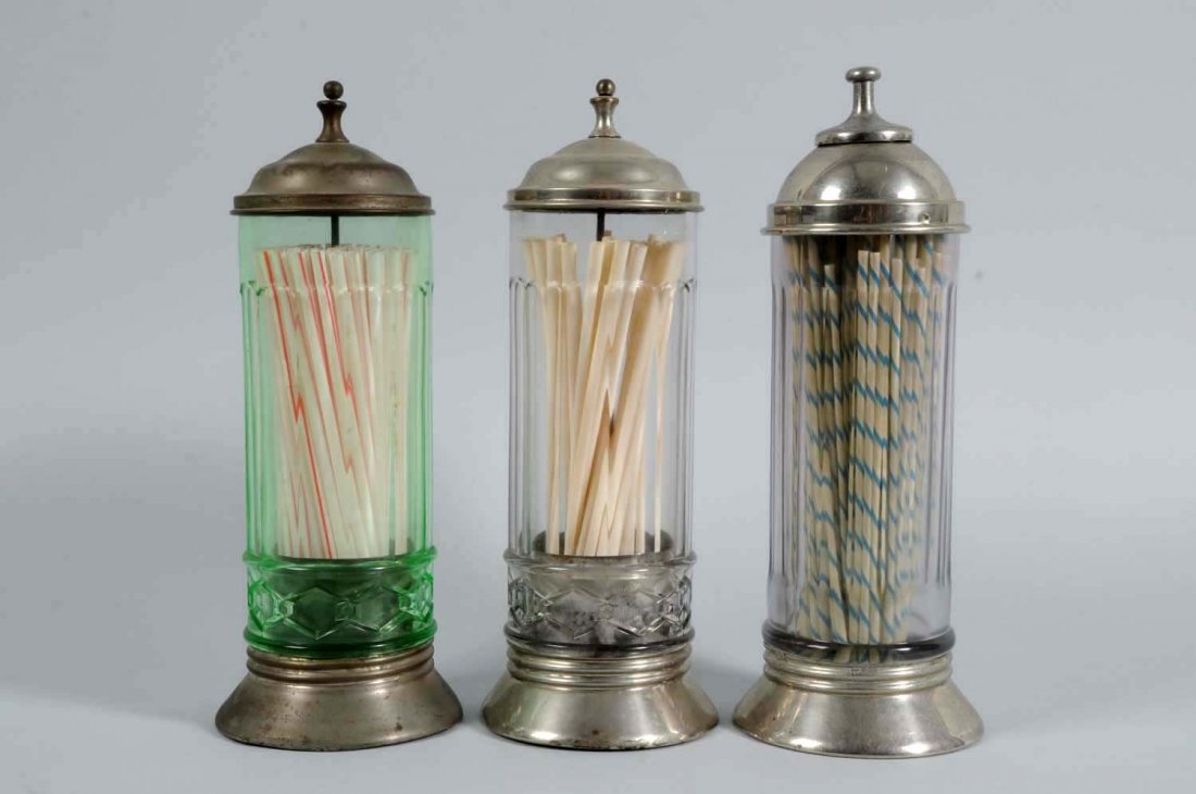 Lot of 3: Early Glass & Metal Straw Holders.: All metal bases screw off and one base has more extensive plating wear and a small crack in the metal. Moderate over all wear else wear. Condition (Very Good - Excellent). Size Largest: 12 - 1/4" T.