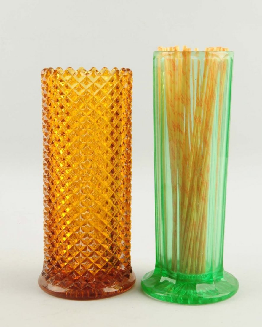 Lot of 2: Early Glass Straw Holders.: Only a few small nicks on green version and little wear elsewhere on either. Condition (Excellent - Near Mint). Size Largest: 10 - 1/2" T.
