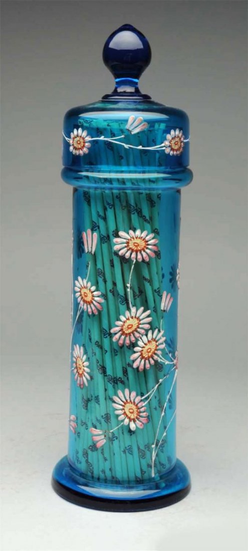 Cerulean Heavily Enameled Straw Holder & Lid.: Beautiful color and bold design with quite heavily enameled floral motif. Some of the gold highlights have wear, but this detracts little from the presentation of the piece. Only a few small nicks at