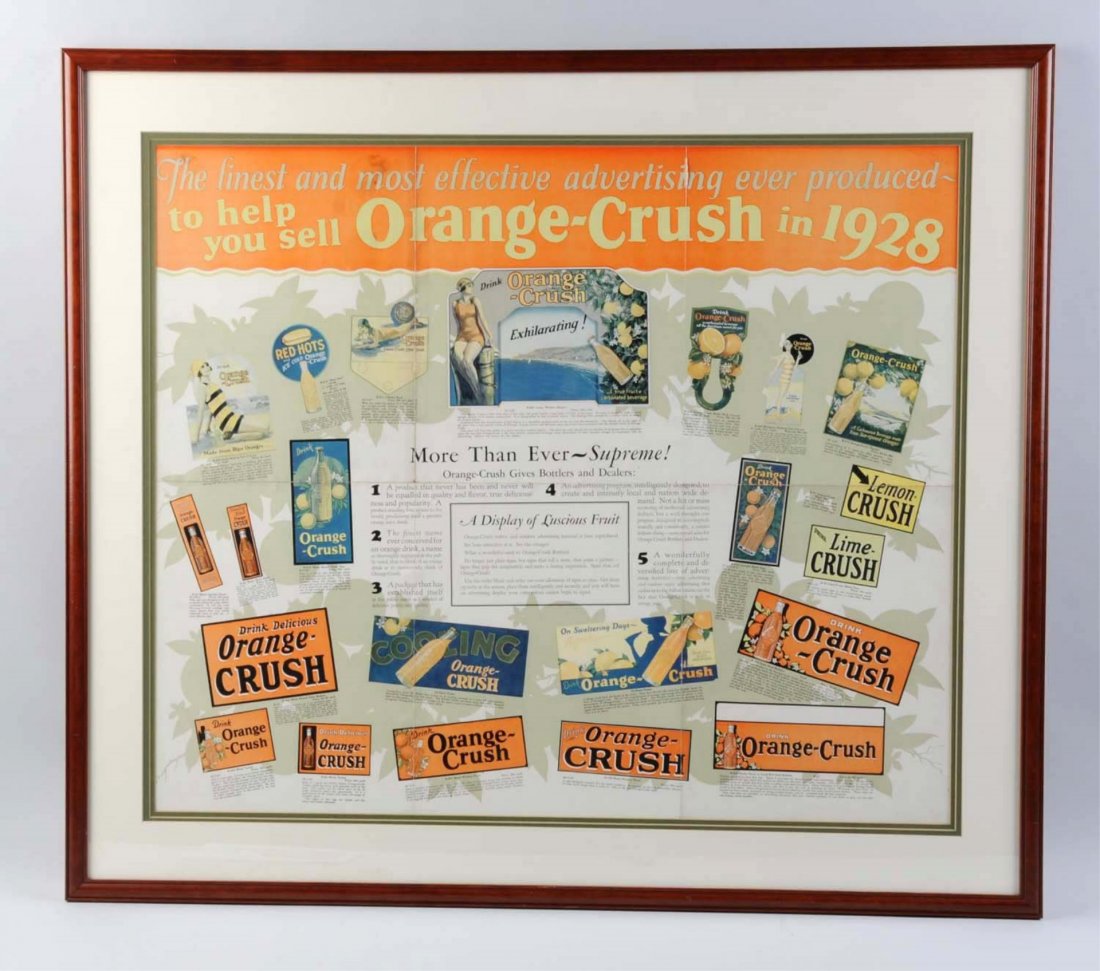 Large 1920’s Orange Crush Paper Display Sign.: Nicely matted and framed under glass, and featuring a beautiful variety of the assorted advertising signs and items available to bottlers in 1928. Light wear with just some heavier fold lines and a fe