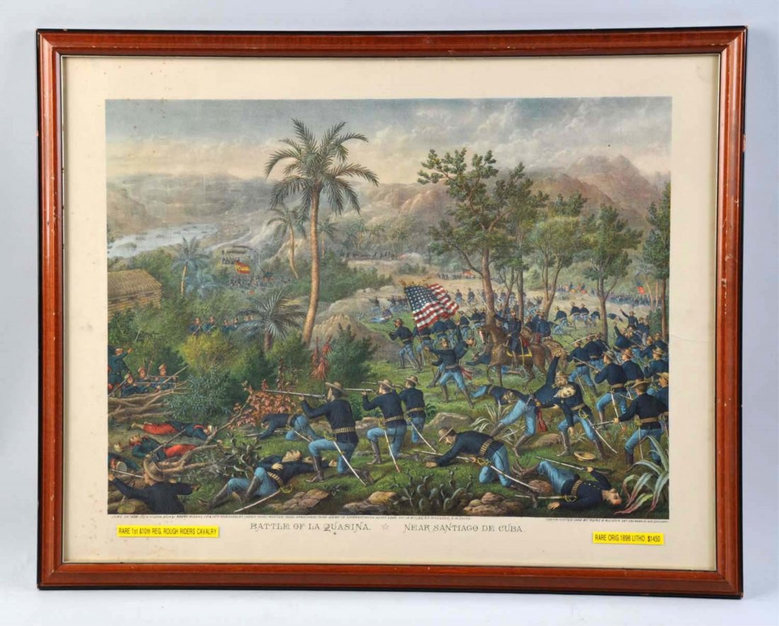 1898 Battle Of La Quasina Lithograph.: This Kurz and Allison litho depicts the Battle of La Quasina Near Santiago De Cuba. Rare 1st & 10th REG. ROUGH RIDERS CALALRY. Framed under glass. A few small creases, a closed tear on right boarder a