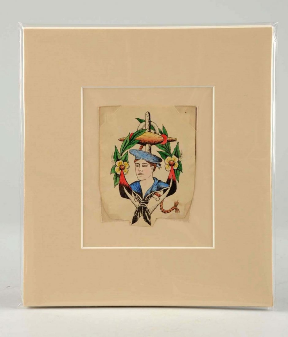 Original Circa 1910 Tattoo Flash Art Work.: Artwork measures 3 - 1/4” x 4” and is matted. This piece came from the same collection as the signed J.F. Barber piece but is un-signed and of the same era. This is a single piece that features a