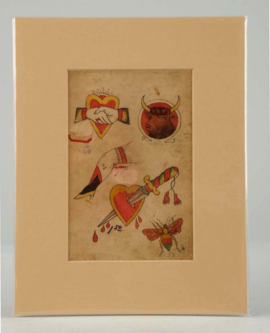 Original circa 1910 Tattoo Flash Art Work.: Artwork measures 4 - 3/4” x 7” and is matted so that both sides are visible. This piece came from the same collection as the signed J.F. Barber piece but is un-signed and of the same era. This is