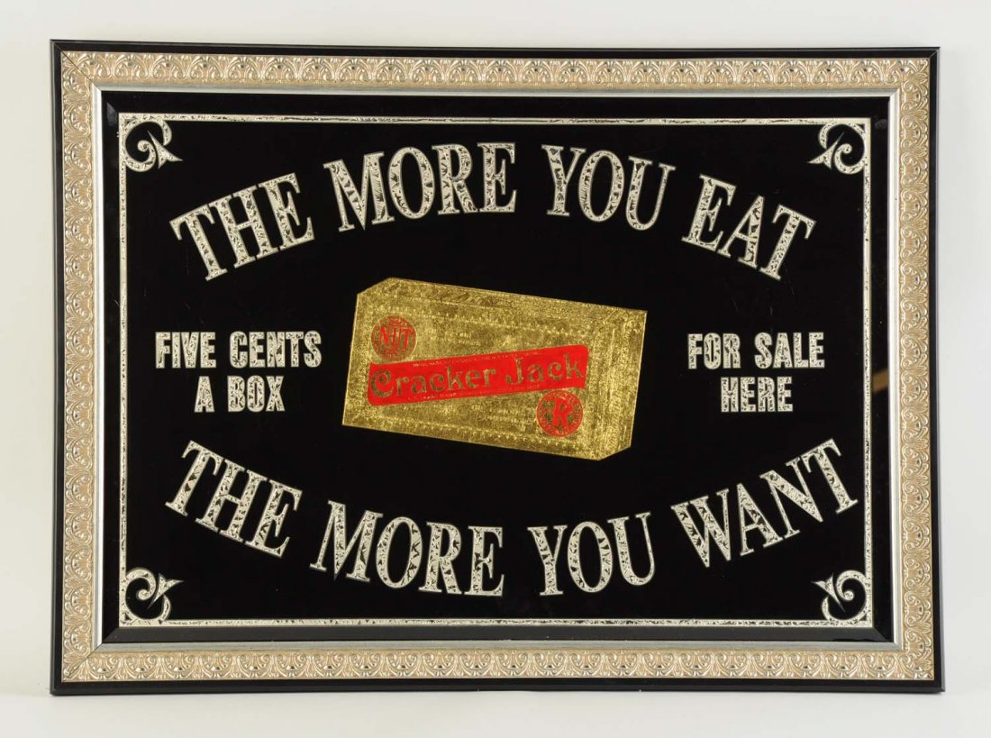 Cracker Jack Reverse Painting On Glass Sign.: This beautiful sign is bright and clean. No damage and only very minor wear. This sign came from Cracker Jack Archives Collection. Beautiful. Condition (Near Mint). Size Framed: 33" L x 24 - 1/4" T.