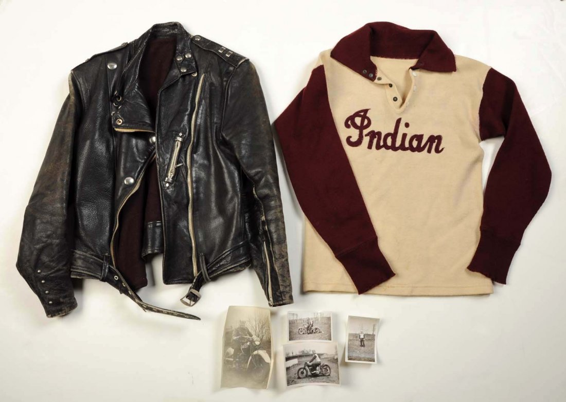 Lot Of 2: Indian Motorcycle Jacket & Photos.: This lot includes an original Indian racing sweater and four photos. The sweater is very nice with only very minor wear. Also included in lot is a vintage period leather jacket with wonderful overall 