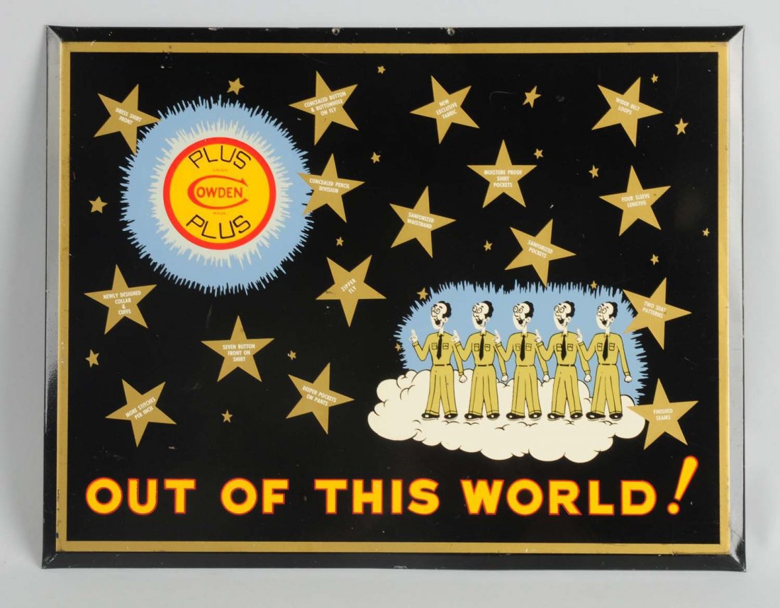 Cowden Uniforms Tin Over Cardboard Sign.: With easel, circa 1950s, with great cartoony characters in marching uniforms. Writing on the stars highlights the many selling points of the work wear. Only a few small marks of lightest of wear. Rare