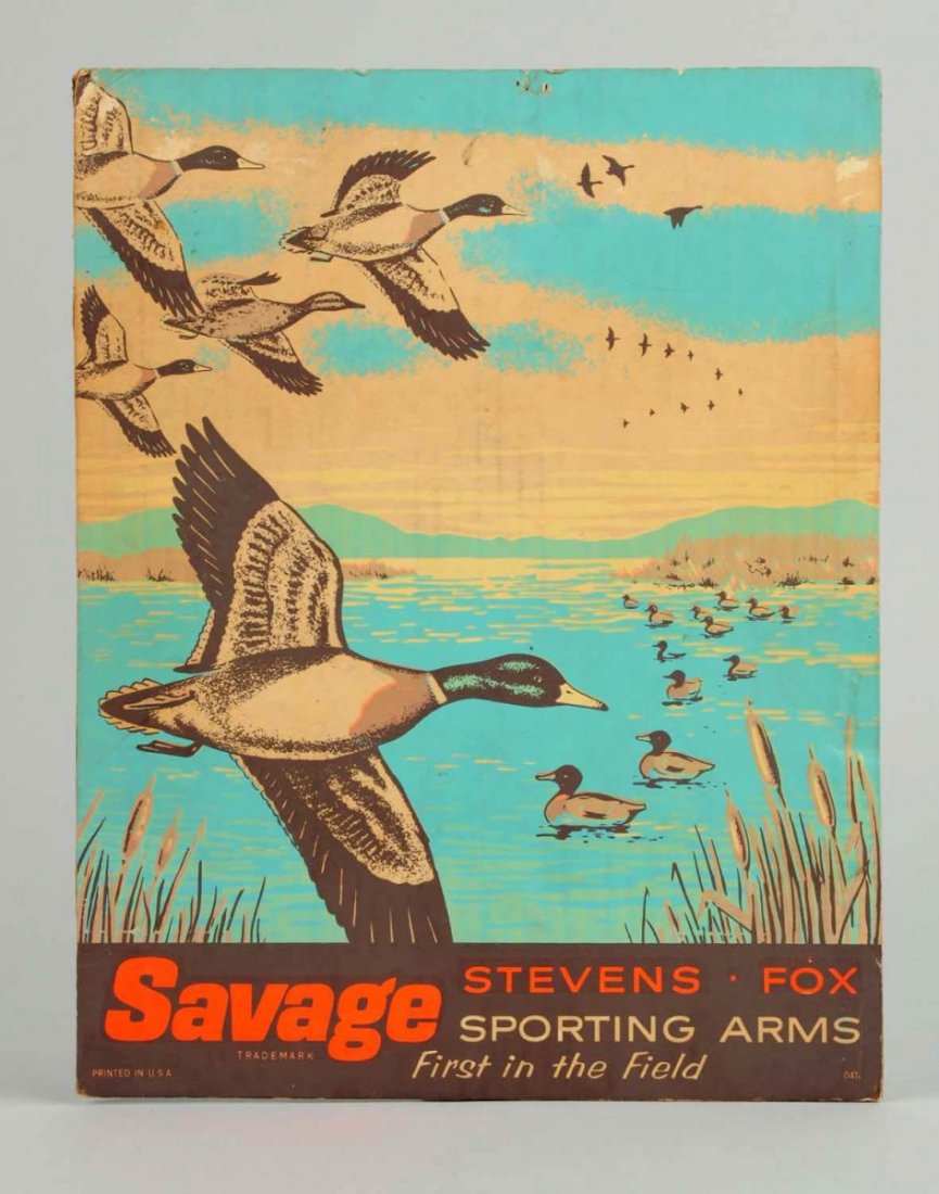 Savage Arms Cardboard Sign.: This sign has some corner bumping. A small area of loss at the upper right and several tack holes at center. Condition (Very Good Plus). Size 14" x 11".