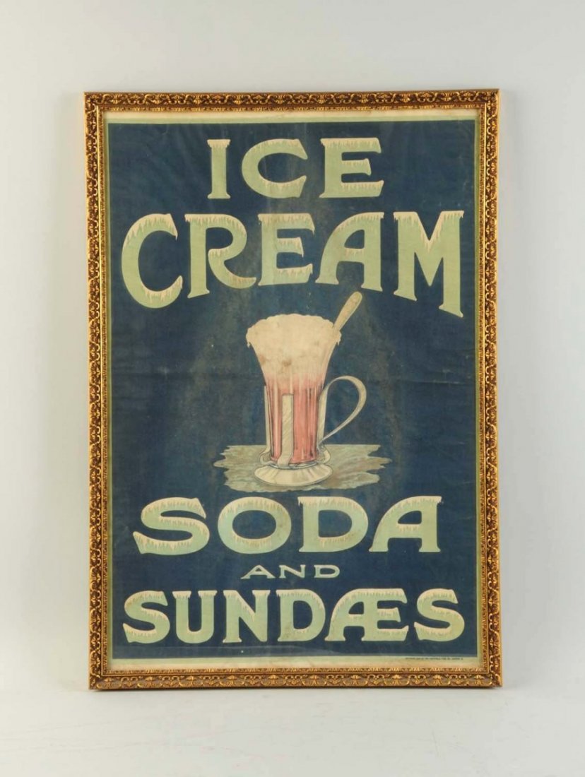 Unusual 1909 Ice Cream Canvas Banner.: Nicely framed under glass, and features a wonderful lettering and graphics. Some mild to medium milder stains and light soiling with a few small wrinkles. Condition (Very Good - Excellent). Size Frame