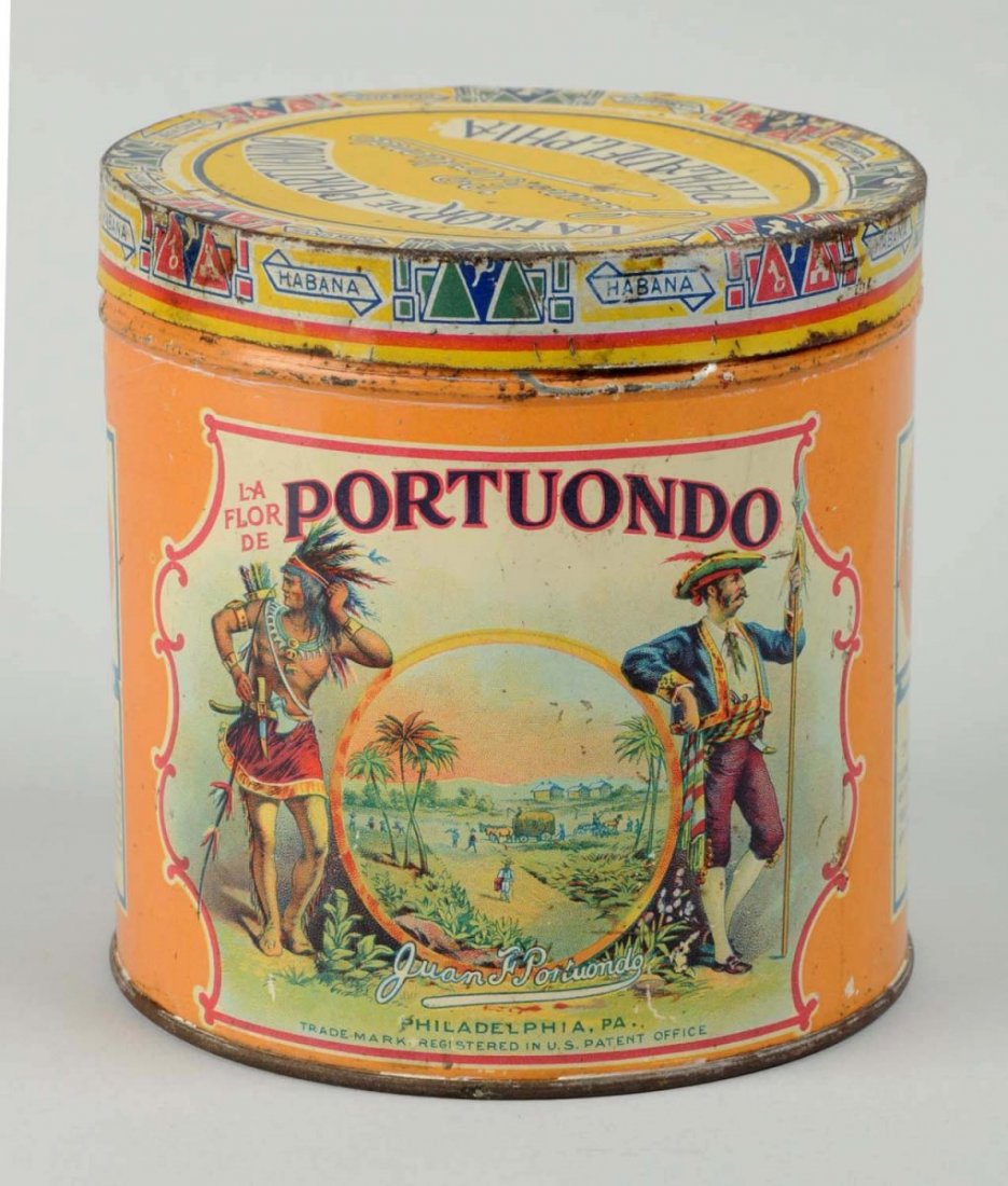 Portuondo Tobacco Tin.: This tin has some minor scratching and a few small dents. Condition (Very Good Plus). Size 5" D.