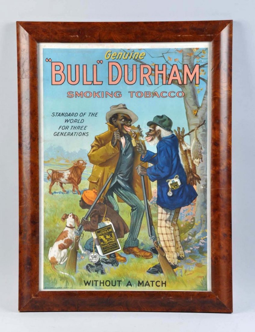 Bull Durham Smoking Tobacco Cardboard Poster.: Cardboard poster in nice wooden frame, excellent color, poster has minor wear. Condition (8.9). Size 30" x 22".