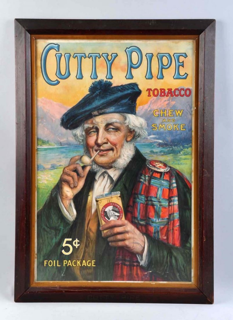 Cutty Pipe Tobacco Paper Poster In Marked Frame.: Some wear and cracks on the wooden frame with a small nick or two. General medium to a bit heavier wear on the poster itself with some border stains and a few scrapes and closed tears. Condition (Good
