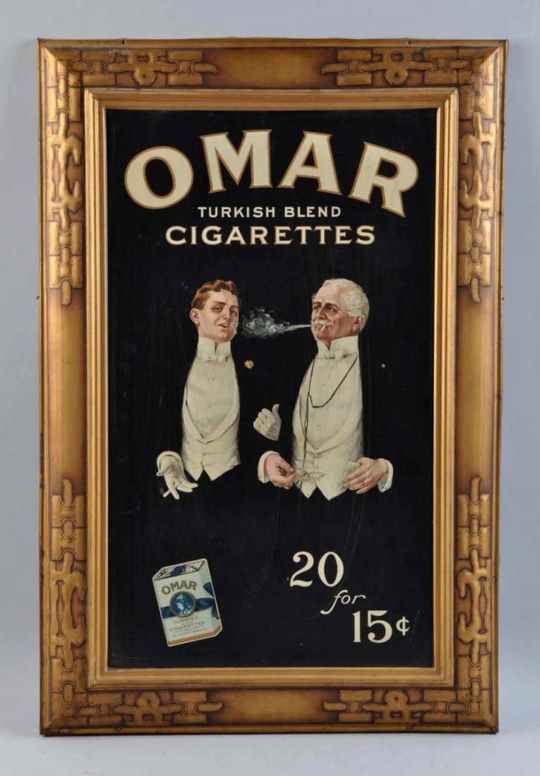 1910-15 Omar Cigarettes Self Framed Tin Sign.: Nice looking example with only a small crimp at top center of frame with six non-original small tack holes at the extreme outer edge of the sign. Some minor extreme outer edge rust in a few areas, wit