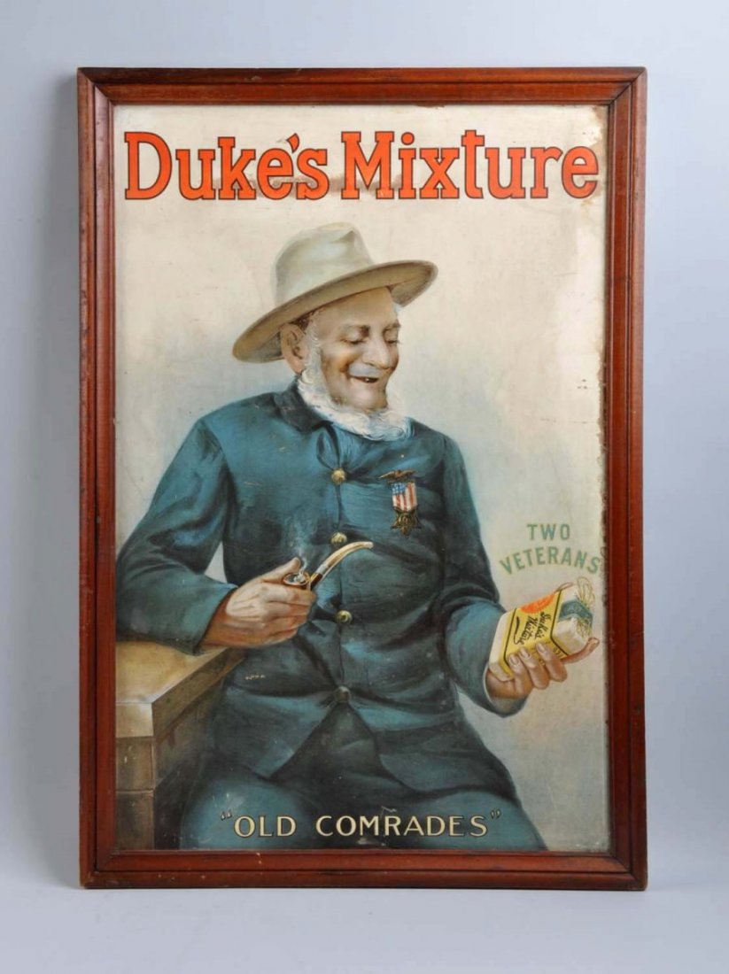 Circa 1910 Large Duke’s Mixture Cardboard Sign.: Displays very well, in spite of some heavier stains in some small areas. Also has some small marks and scattered surface wear with light soiling. Condition (Very Good). Size 22 x 32".