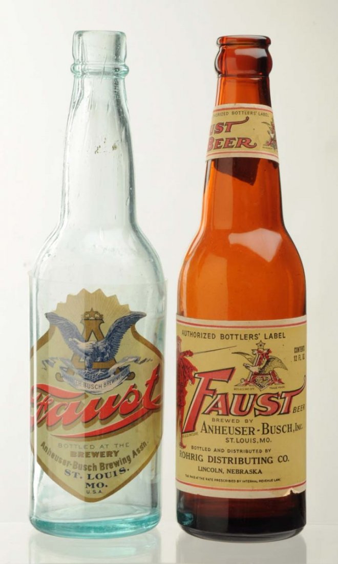 Lot Of 2:Pre-Prohibition Faust Beer Bottles.: With labels. This lot includes a bottle with an Anheuser-Busch Faust Beer label with a few edge chips, and a bottle with a nice Anheuser-Busch Faust diecut label. These labels may have been attached a
