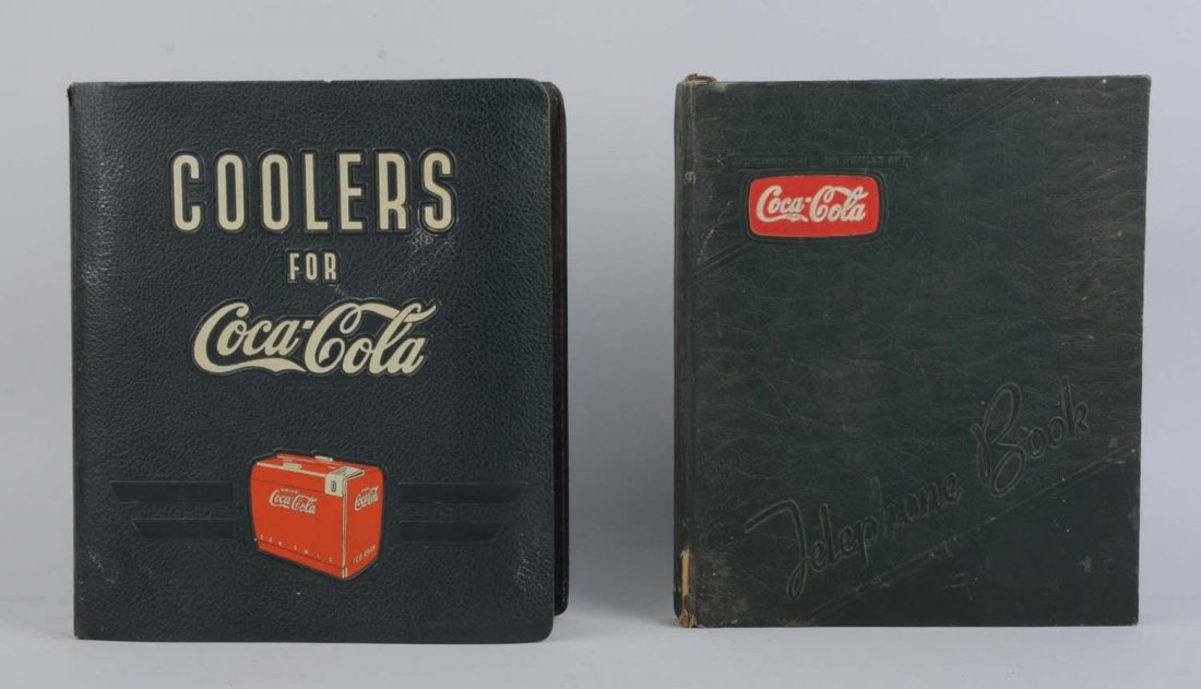 Lot of 2: Coca-Cola Advertising Items.: This lot includes a 1940's era vending machine catalog. Some of the inserts may be newer however. Also included is a 1940's era Coca-Cola telephone book cover. Minor overall wear. Condition (Very Good