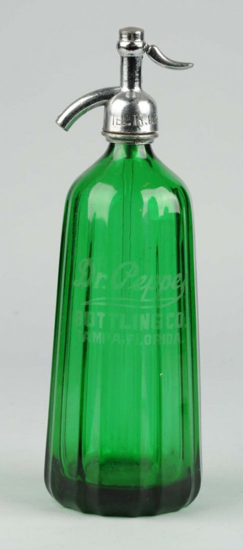 Dr. Pepper Seltzer Bottle.: This green Dr. Pepper seltzer bottle is very clean with only minor fading to the lettering. Condition (Excellent). Size 13" T.