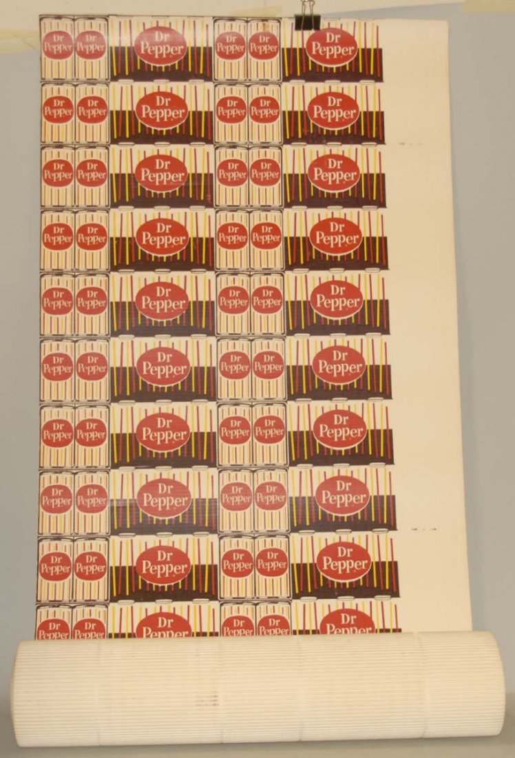 Dr. Pepper Corrugated Cardboard Can Banner.: Circa 1960s. Large roll. In original box titled, "Skyscraper Can Display Kit." Light soiling and nearly no wear. Condition (Near Mint). Size Box: 31 - 3/4" L.