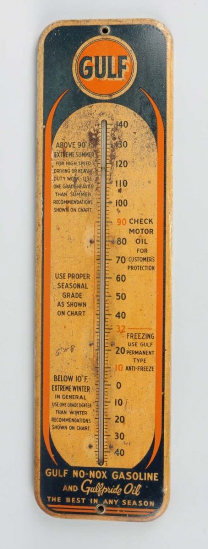 Gulf No-Not Gasoline & Gulfpride Oil Thermometer.: Tin thermometer. Tube is broken. Heavy wear. May have been clear coated. Condition (Rated 6.75). Size 27" x 7 - 1/2".