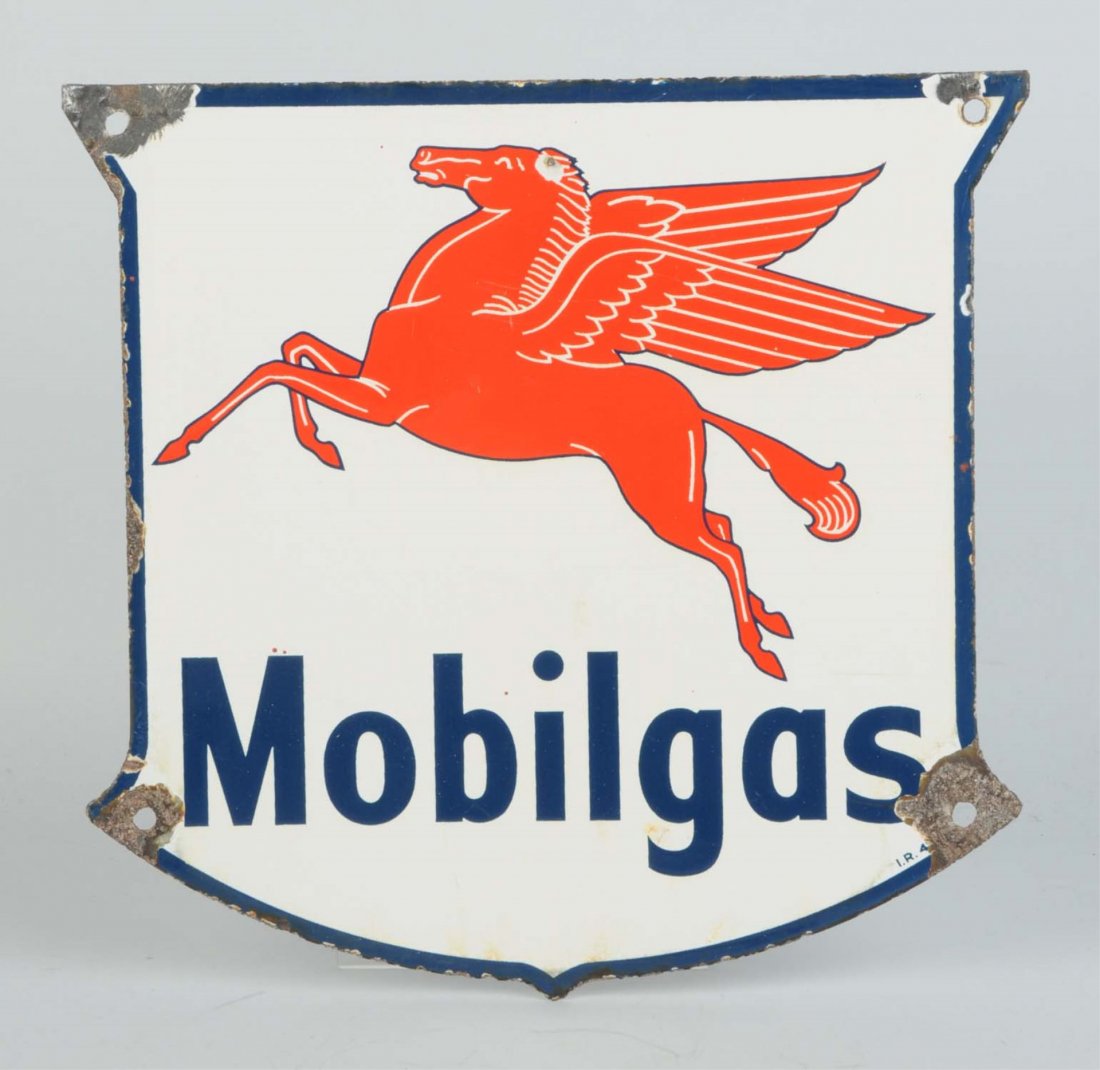 Single Sided Porcelain Mobil Gas Sign.: With Pegasus. Has good gloss and color, has large chips at all four mounting holes. Marked IR. Condition (Rated 7.5). Size 12" x 12".