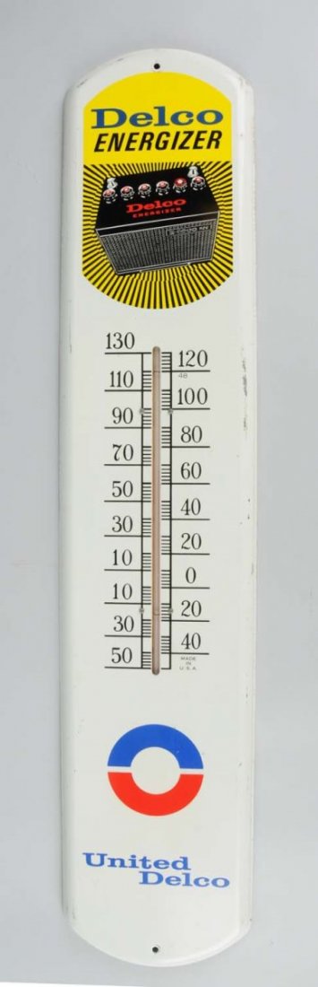 United Delco Thermometer Energizer Batteries.: Has 12v battery graphics. Minor wear and scratches to the edge. Tube is good. Condition (Rated 8+) Size 38 - 3/4" x 8".